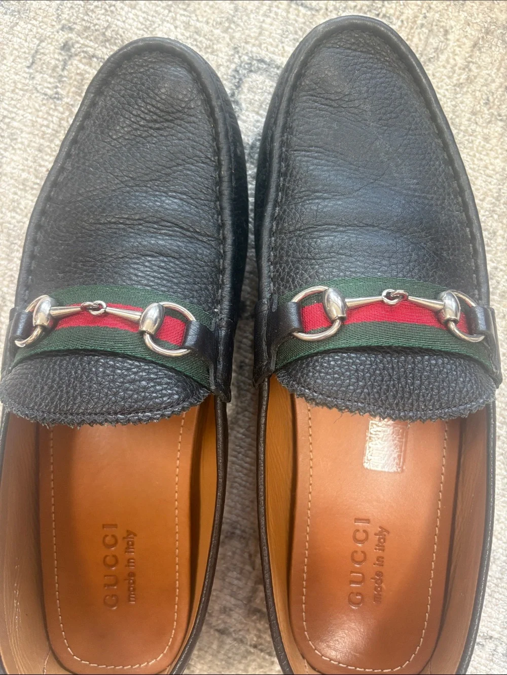 Gucci Black Leather Horsebit Loafers with Green-Red Web Trim